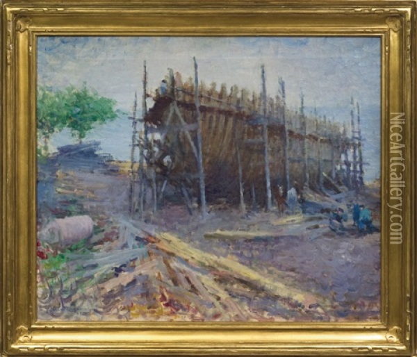 Noank Shipyard Oil Painting - Edmund William Greacen
