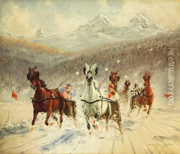 Winterliches Trabrennen Vor Schneebedeckter Hochgebirgskulisse Oil Painting - Franz Hienl-Merre