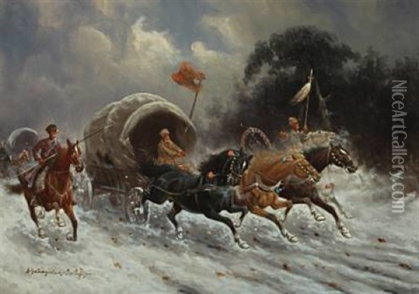 Cossacks Attacking A Caravan Oil Painting - Adolf (Constantin) Baumgartner-Stoiloff