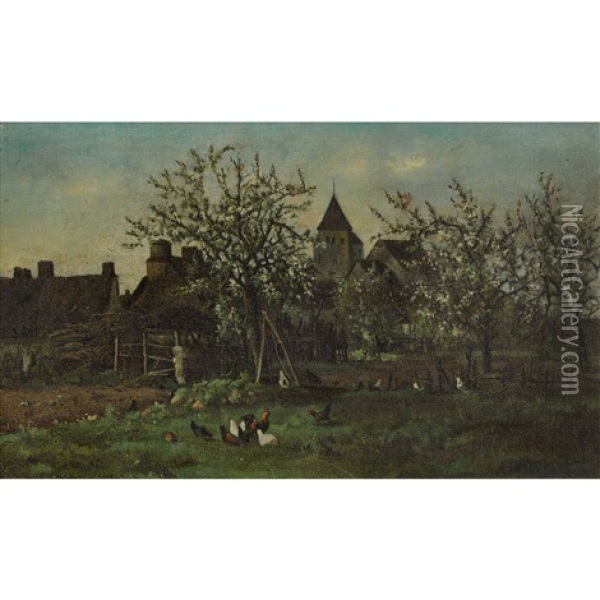 Landliche Gartenpartie Mit Huhnern Oil Painting - Auguste Durst
