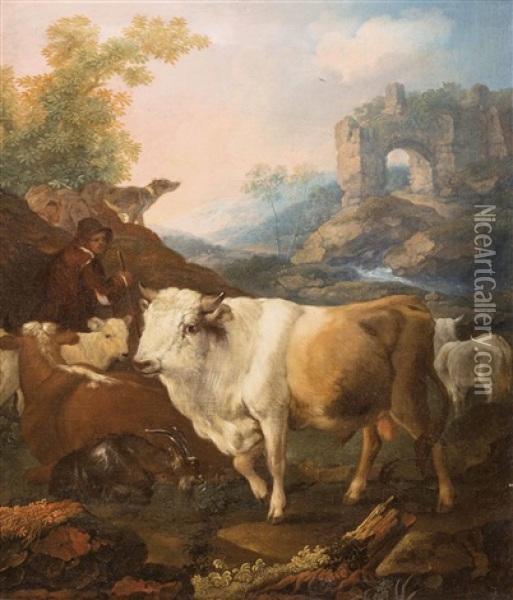 Pastorale Italienische Ideallandschaft Mit Rastendem Hirt Oil Painting - Joseph Roos