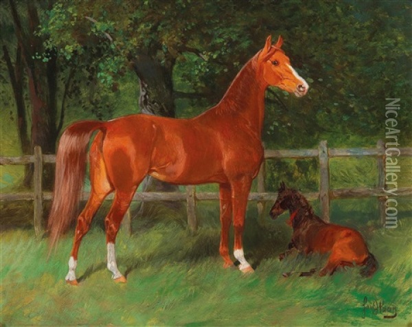 Chestnut With Foal In The Meadow Oil Painting - Hans (Johann) Haag