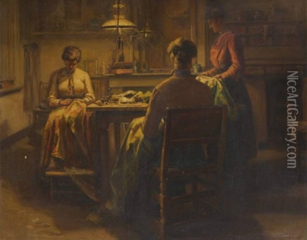 Les Ravaudeuses A La Lueur De La Lampe A Huile Oil Painting - Jean Baptiste Coene