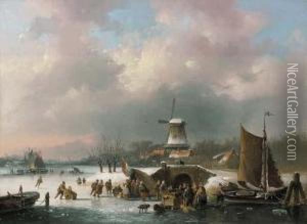 A Frozen River Scene Oil Painting - Jacobus Van Der Stok