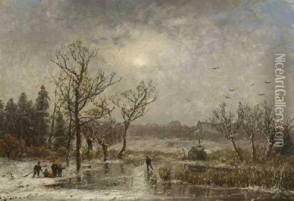 Wintervergnugen Auf Dem Teich Vor Dem Dorf Oil Painting - Adolf Stademann