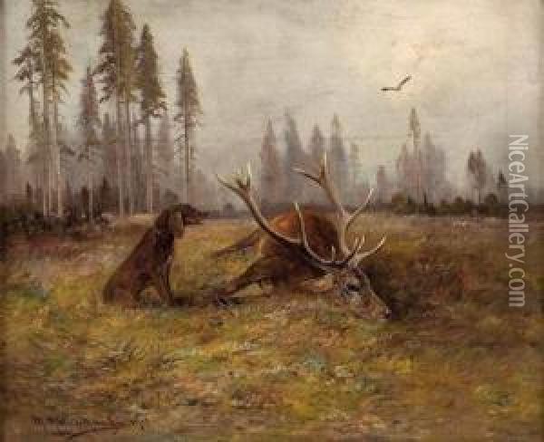 Jagdhund Vor Erlegtem Hirsch Oil Painting - Moritz Muller