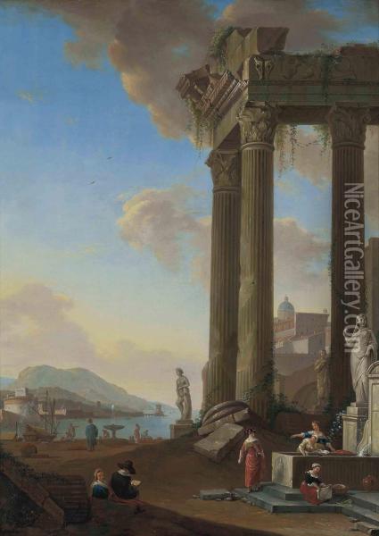 A Mediterranean Harbour Scene With Figures Before Classical Ruins Oil Painting - Johannes Lingelbach