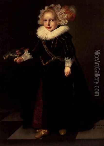Girl wearing a black dress with feather head dress Oil Painting - Cornelis De Vos
