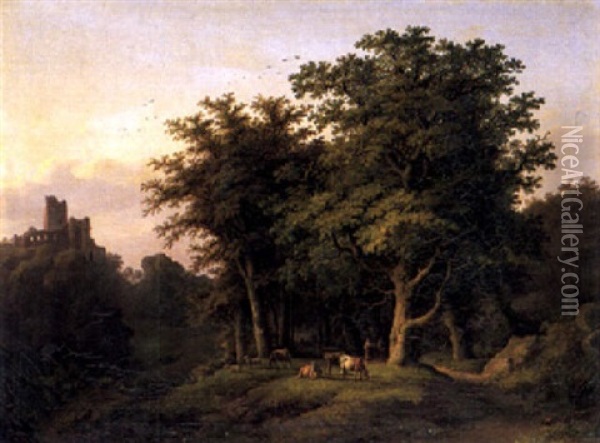 Waldlandschaft Mit Kuhen Und Schafen Oil Painting - Caesar Bimmermann