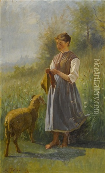 Schaferin Beim Stricken Oil Painting - Adolphe Potter