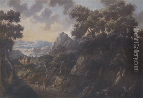 Zwei Wanderer In Felsiger Baumlandschaft Mit Ausblick Auf Eine Burgenlandschaft Oil Painting - Joachim Franz Beich