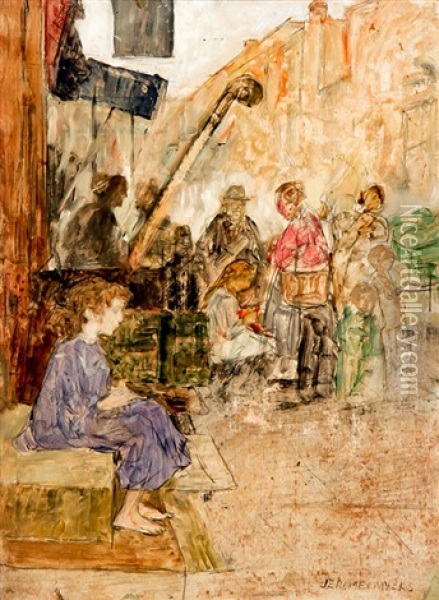 Street Scene With Children Oil Painting - Jerome Myers