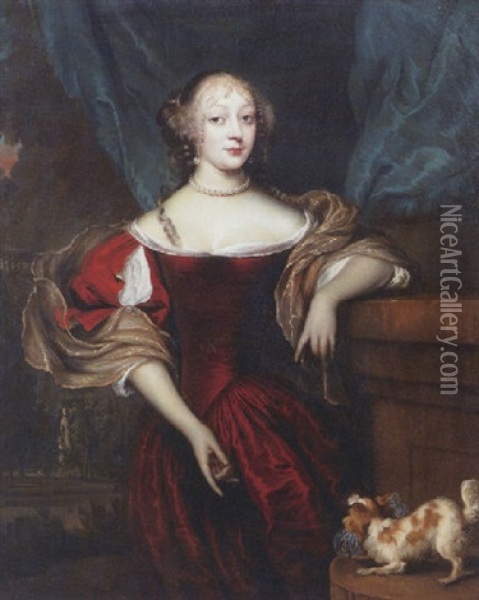 Portrait Of A Lady Wearing A Decollete Red Dress, Lace Chemise, Brocade Wrap And Pearls, With Her Right Hand Pointing To Her Dog Oil Painting - Jan de Baen