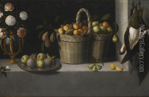 Still Life Of Roses In A Parcel Gilt Vase, Figs On A Pewter Dish And Two Baskets Of Peaches, Plums And Pears On A Stone Ledge With A Brace Of Lapwing Oil Painting - Juan Van Der Hamen Y Leon