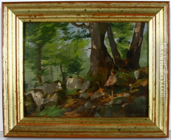 Waldlandschaft Mit Findlingen Und Einem Knaben, Dieser Auf Einem Felsbrocken Sitzend Oil Painting - Carl Johann Lasch