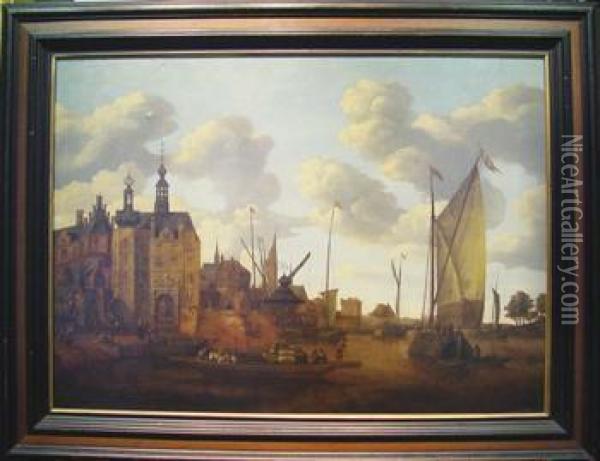 Busy Harbor Scene With Shipping Oil Painting - Jacobus Storck