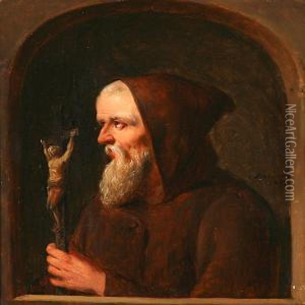 A Monk With A Cross Oil Painting - Christian Andreas Schleisner