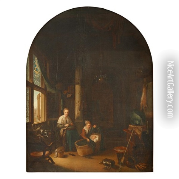 Mother And Children In Interior Oil Painting - Gerrit Dou