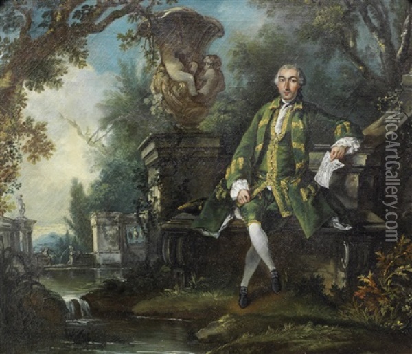 Portrait Of A Musician, Full-length, Seated Before A Park Landscape Oil Painting - Jacques de Lajoue