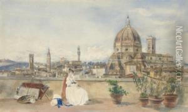 The Artist's Wife Admiring The 
Skyline Of Florence With The Bargello, Badia, Forte Belvedere, Palazzo 
Vecchio, Duomo And Campanile, From A Roof Terrace On The Via Dei Servi Oil Painting - Thomas Hartley Cromek