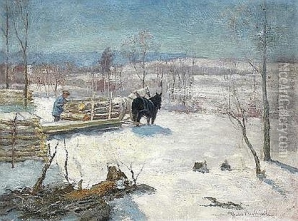 Logging In New England, Winter Oil Painting - Charles Allen Hulbert