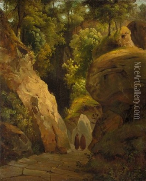 Monks On The Steps Through A Rocky Gorge (the Steps To The Grotta Di San Francesco Alla Verna) Oil Painting - Carl Blechen