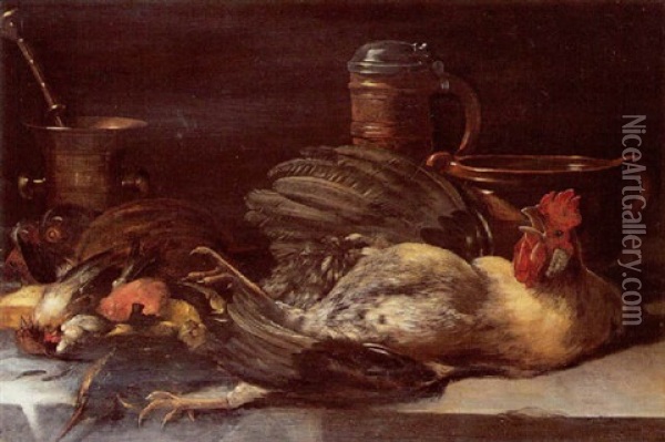 Nature Morte De Gibier, Volailles Et Ustensiles De Cuisine Oil Painting - Jan Pauwel Gillemans the Younger