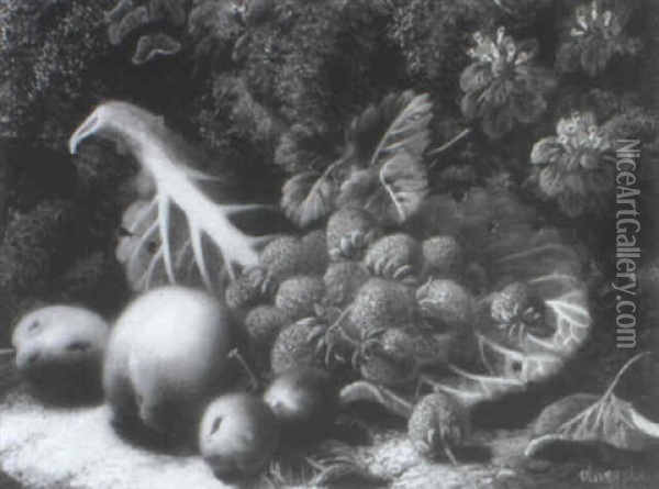 Still Life Of Strawberries, Grapes, Plum, And A Peach On A  Mossy Bank Oil Painting - Oliver Clare