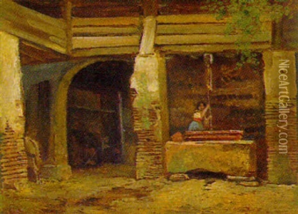 Junge Frau Am Brunnen Oil Painting - Johann Michael (Volz) Voltz