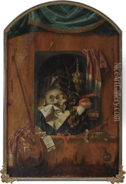 A 
Trompe L'oeil
 With A Painting Of A Vanitas Still Life With A Skull, A Silver Gilt Chalice, A Candlestick, A Flute, Documents And Other Objects Standing On A Wooden Ledge With Paint-brushes, A Palette And Other Painting Utensils Oil Painting - Franciscus Gysbrechts