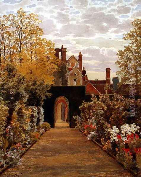 October Morning in the Gardens Loseley Surrey Oil Painting - Thomas H. Hunn