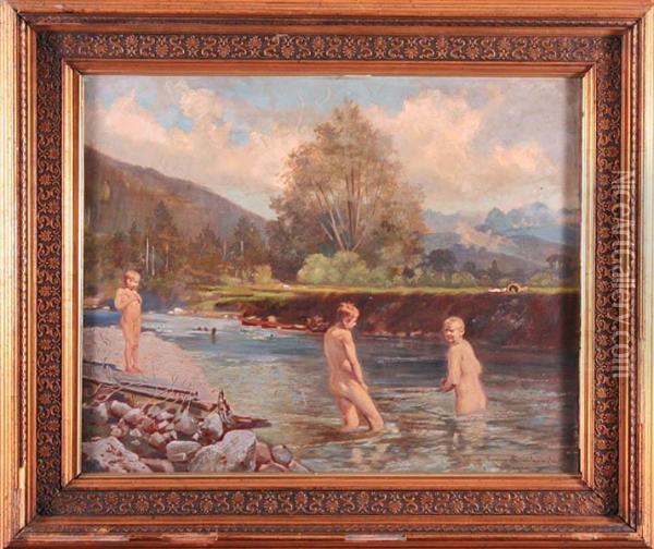 Kapiacy Sie Chlopcy, 1910 R. Oil Painting - Kazimierz Bienkowski