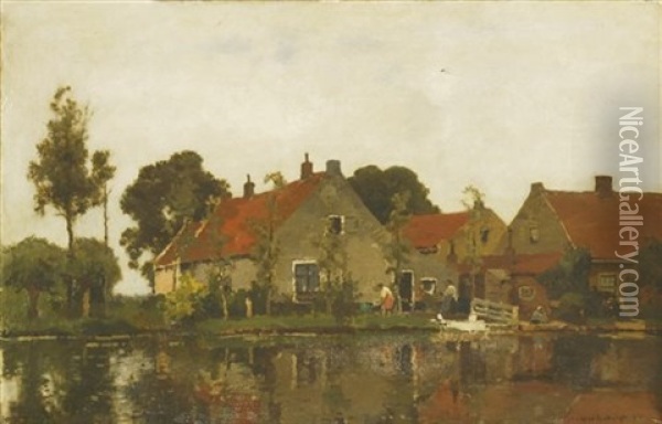 A Landscape With Riverside Houses Oil Painting - Cornelis Vreedenburgh