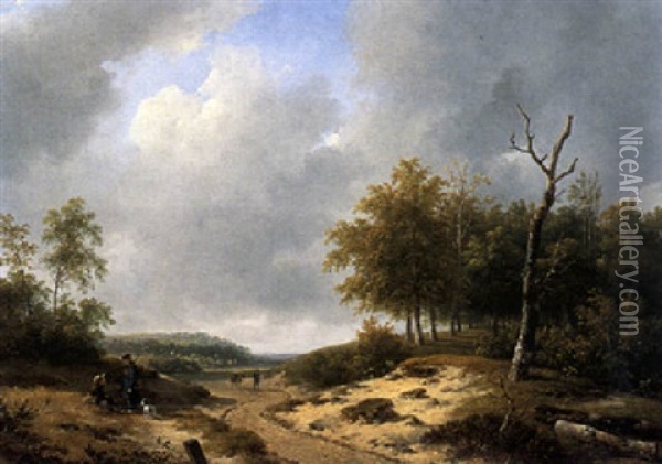 Figures In A Summer Landscape Oil Painting - Andreas Schelfhout