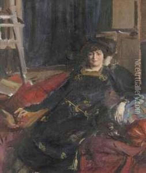 Portrait Of Mme Du Cros, In A Black Dress Oil Painting - Charles Sims