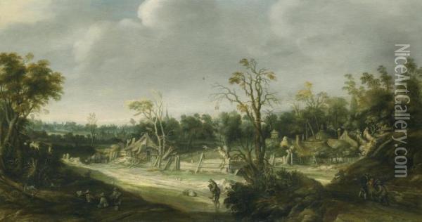 A Landscape With Travellers Near A Hamlet Oil Painting - Joachim Govertsz. Camphuysen