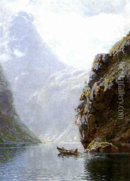 Fjordlandskap Med Fiskare Oil Painting - Hans Dahl