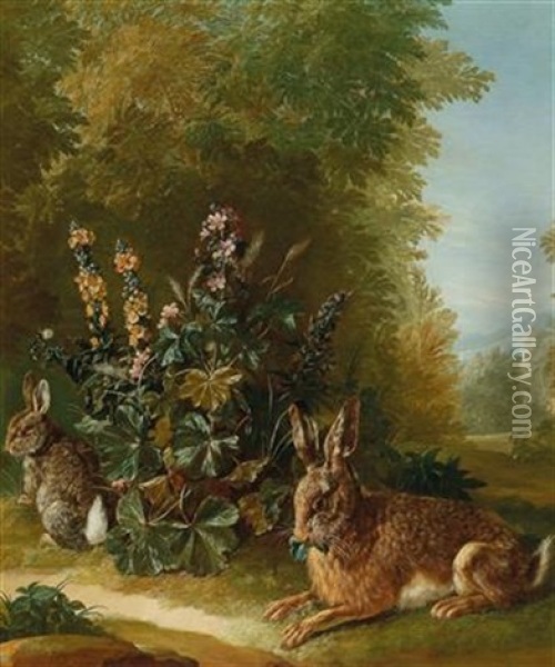 Two Hares In A Landscape Oil Painting - Jan Jakob (Jean Jacques) Spoede
