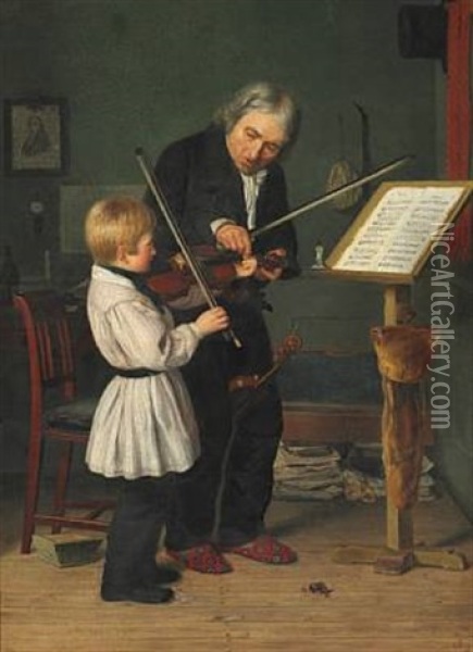 Den Forste Underviisning Pa Violin Oil Painting - Geskel (Saloma) Saloman