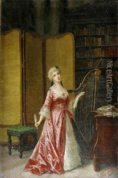 Lady Composing A Letter Oil Painting - Silvio Faccioli