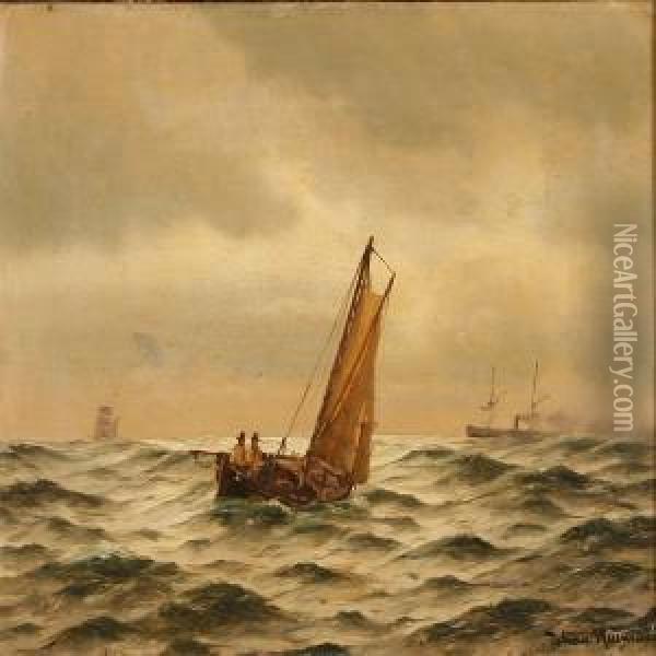 Seascape With A Couple Of Fishermen In A Sailing Boat Oil Painting - Johann Jens Neumann