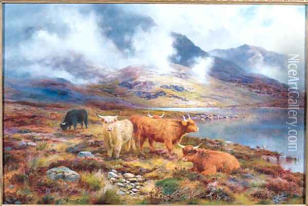 Highland Cattle by a Loch 2 Oil Painting - Louis Bosworth Hurt