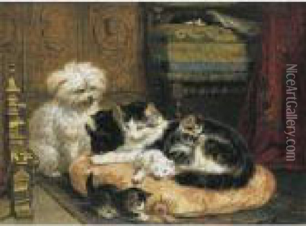 A Cat With Her Four Kittens With A Friendly Dog Oil Painting - Henriette Ronner-Knip