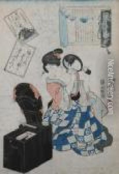 Geisha With Cosmetic Box. Oil Painting - Toyokuni