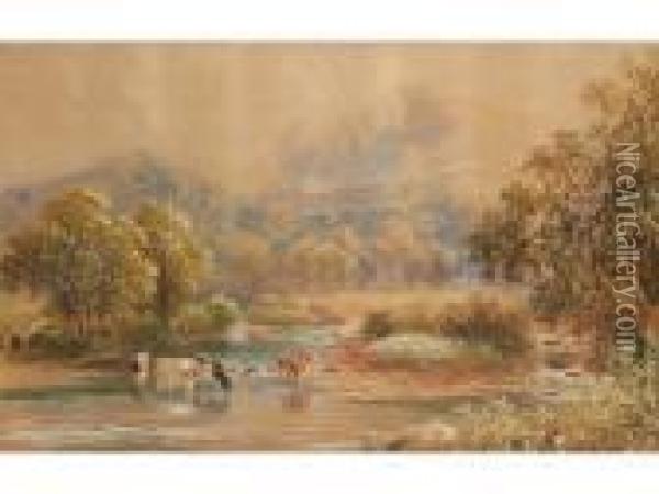 Cattle Watering In A River Oil Painting - Alfred Augustus Glendening