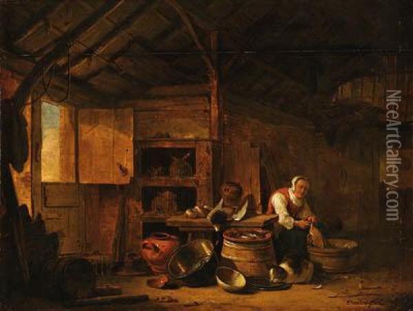 A Woman Plucking A Duck In A Barn Oil Painting - Egbert van der Poel