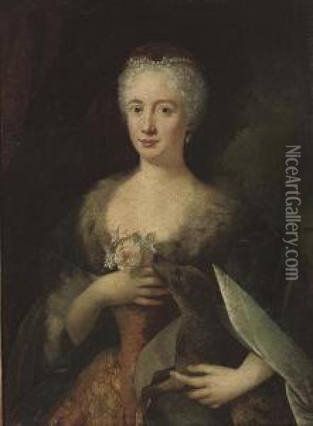 Portrait Of A Lady, Half-length,
 In A Blue Fur-trimmed Cloak, Holding A Dog Under Her Left Hand, And A 
Pink Rose With Other Flowers In Her Right Oil Painting - Alexander Roslin