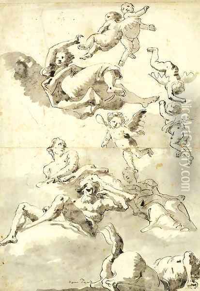 Rivergods, putti and other figures, and a centaur in the sky Study for a ceiling Oil Painting - Giovanni Domenico Tiepolo