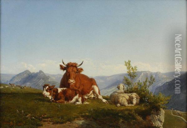 Vaches Et Moutons Dans Un Paysagevallonne Oil Painting - Jean-Baptiste-Louis Guy