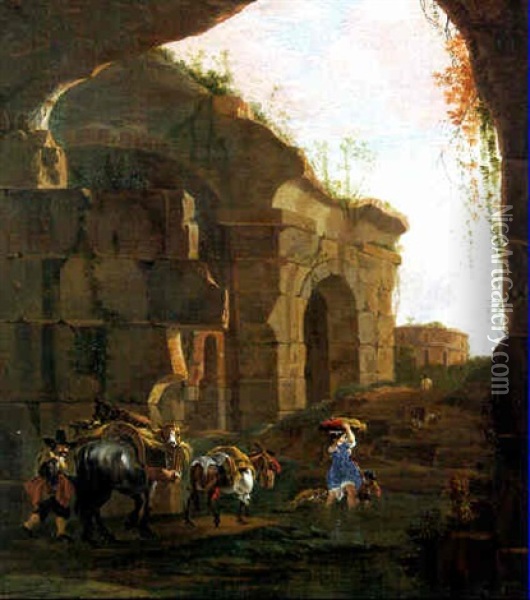Peasants Returning From Market Among Classical Ruins Oil Painting - Jan Asselijn